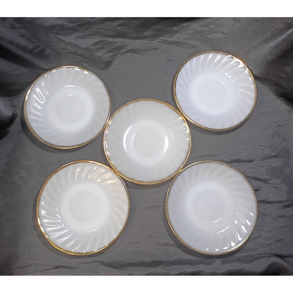 Lot of 5 Vintage Fire King 5" Saucers - White with Gold Trim